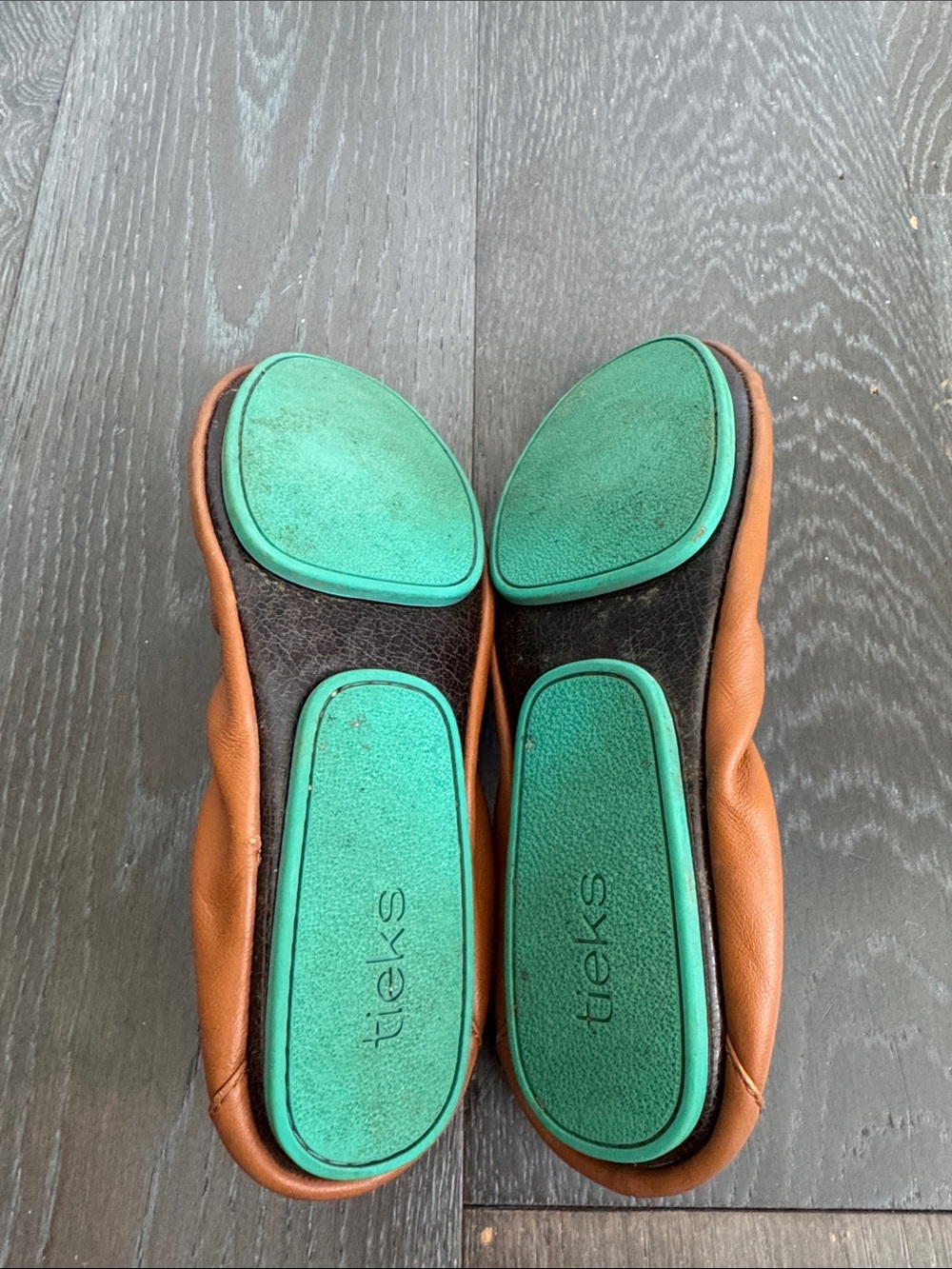 Tieks Cognac Leather Ballet Flats with Teal Soles - Picture 5 of 5